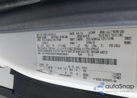 2016 Ford Transit-250 from USA, damaged, VIN 1FTYR1ZM1GKB03933